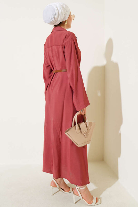 فستان أساسي بحزام بأزرار، لون وردي باهت