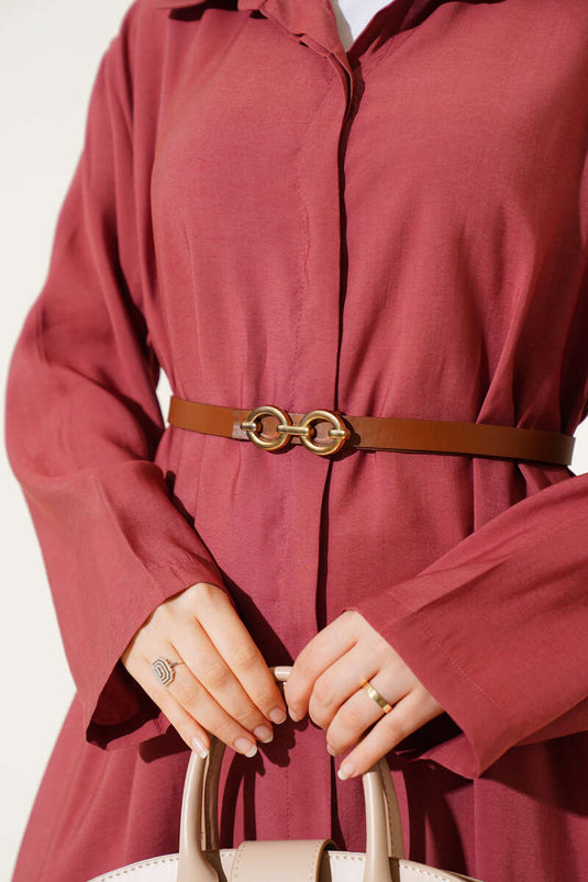 فستان أساسي بحزام بأزرار، لون وردي باهت