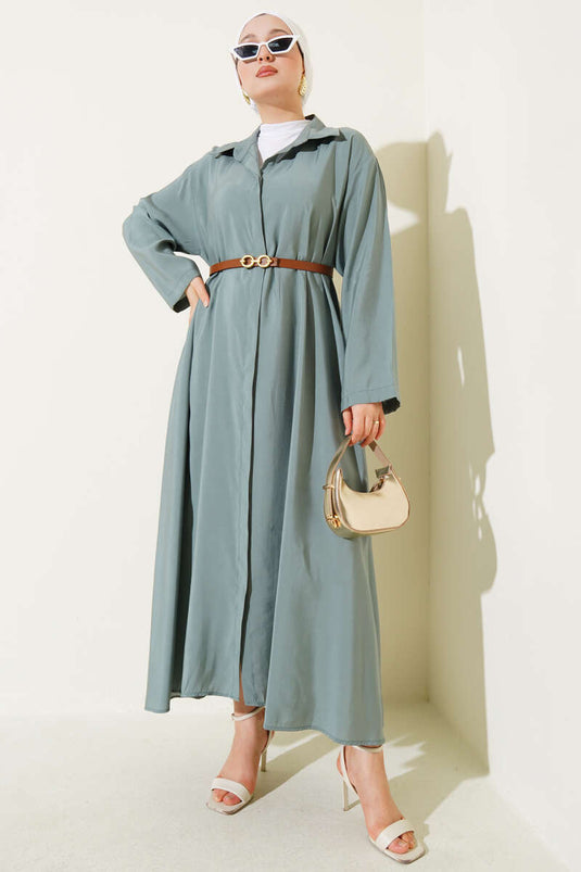 فستان أساسي بأزرار وحزام - نعناع