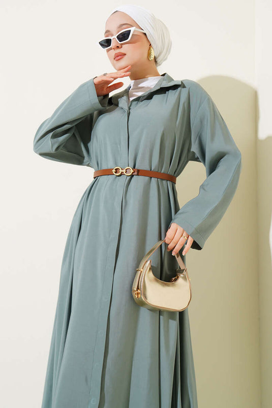 فستان أساسي بأزرار وحزام - نعناع