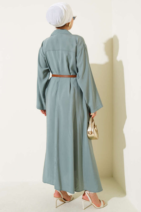 فستان أساسي بأزرار وحزام - نعناع