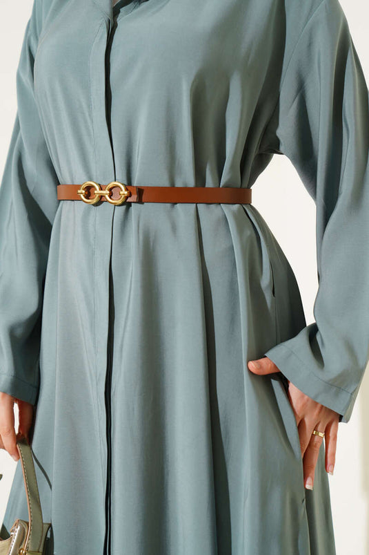 فستان أساسي بأزرار وحزام - نعناع