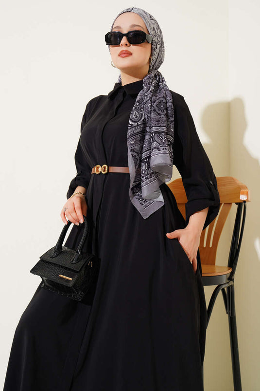 Full-Buttoned Belted Basic Dress Black