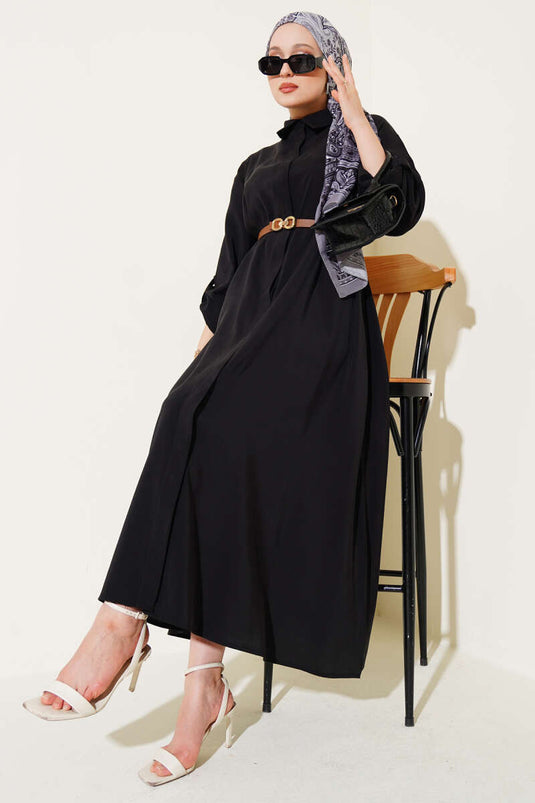 Full-Buttoned Belted Basic Dress Black