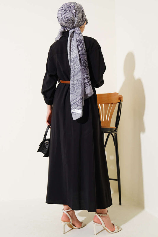 Full-Buttoned Belted Basic Dress Black