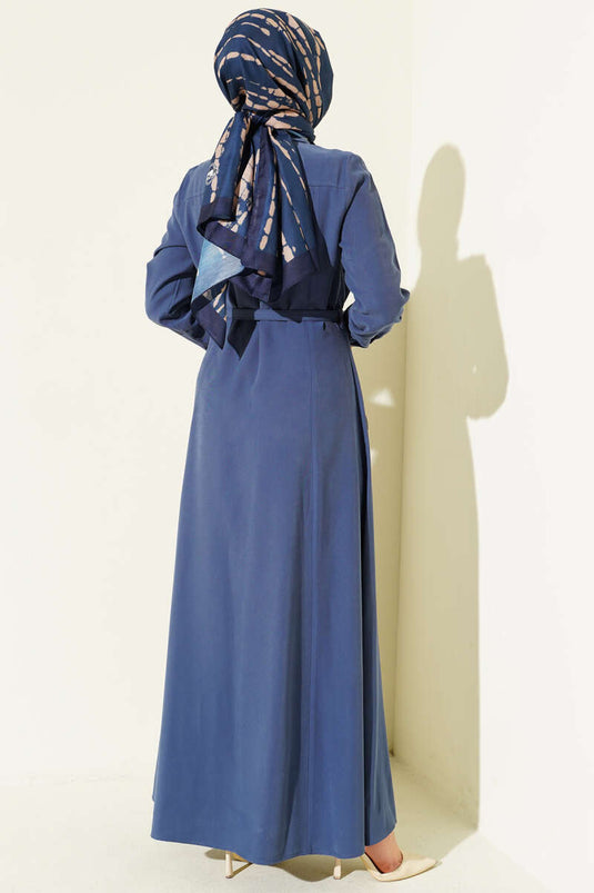 Full-Length Dress with Buttons and Belt, Tensel Fabric, Indigo