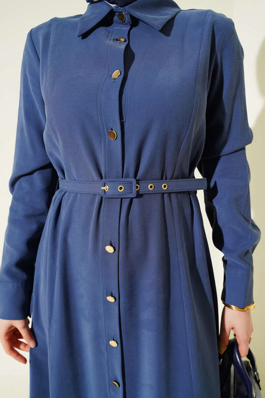 Full-Length Dress with Buttons and Belt, Tensel Fabric, Indigo