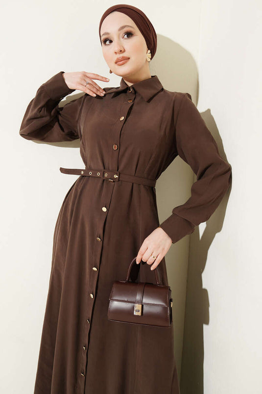 Full-Button Belted Tencel Dress Brown