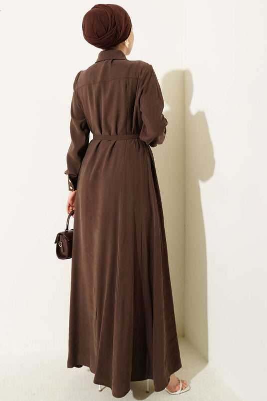 Full-Button Belted Tencel Dress Brown