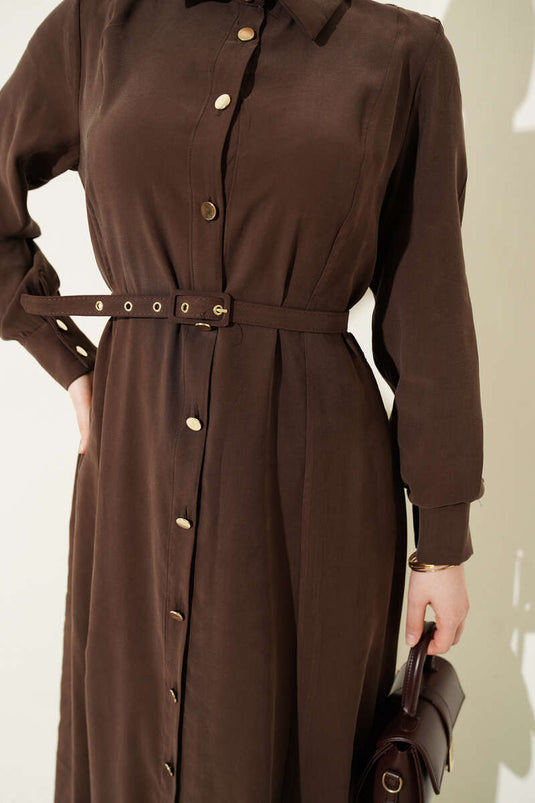 Full-Button Belted Tencel Dress Brown