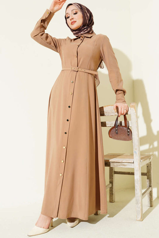 Full-Length Dress with Buttons and Belt, Tensel Fabric, Latte Color