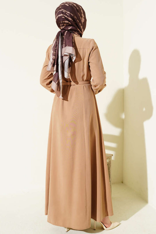 Full-Length Dress with Buttons and Belt, Tensel Fabric, Latte Color