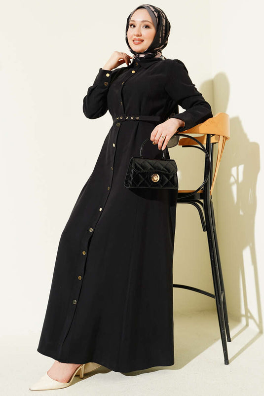 Full-Length Dress with Buttons and Belt, Tensel Fabric, Black