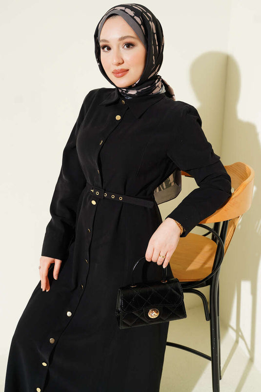 Full-Length Dress with Buttons and Belt, Tensel Fabric, Black
