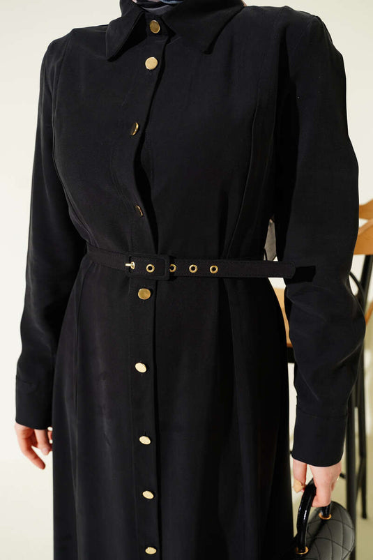 Full-Length Dress with Buttons and Belt, Tensel Fabric, Black