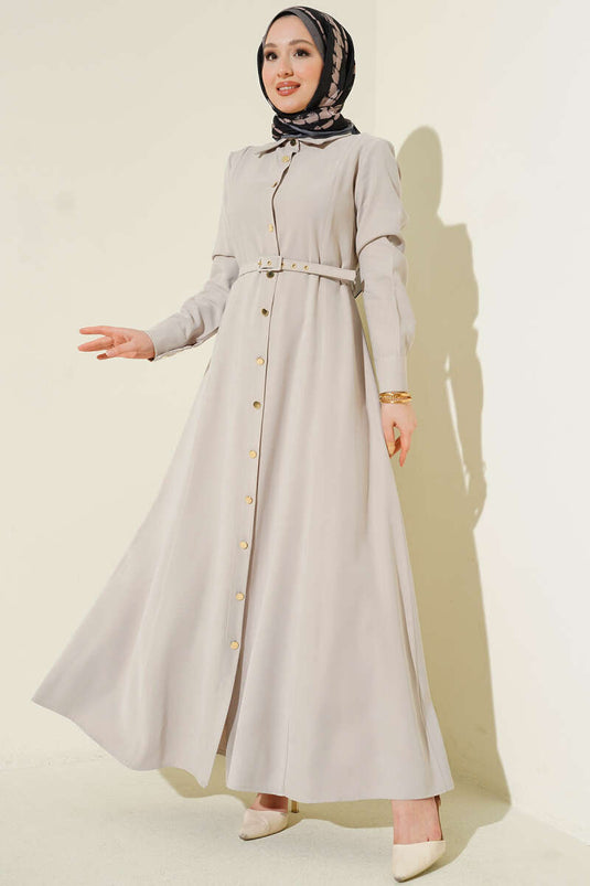Full-Length Dress with Buttons and Belt, Tensel Fabric, Stone Color