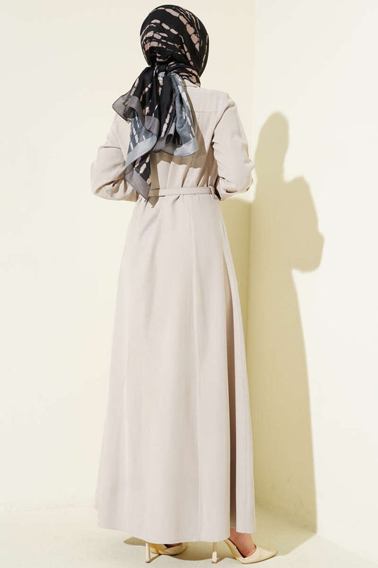 Full-Length Dress with Buttons and Belt, Tensel Fabric, Stone Color