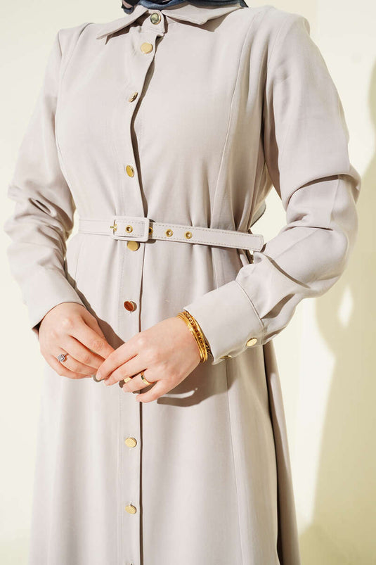 Full-Length Dress with Buttons and Belt, Tensel Fabric, Stone Color