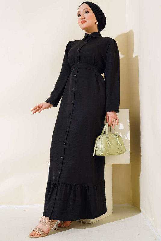 Buttoned Linen Dress Black