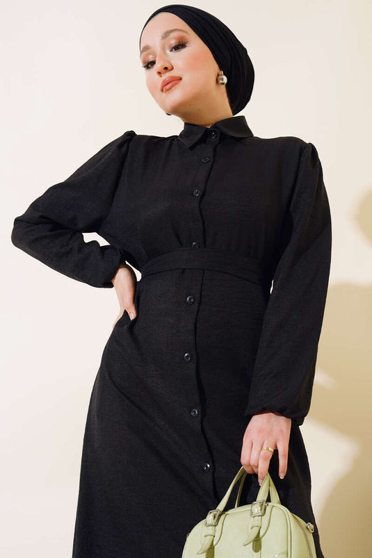 Buttoned Linen Dress Black