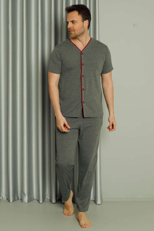 Boydan Düğmeli Kısa Kol Erkek Pijama Takım Füme