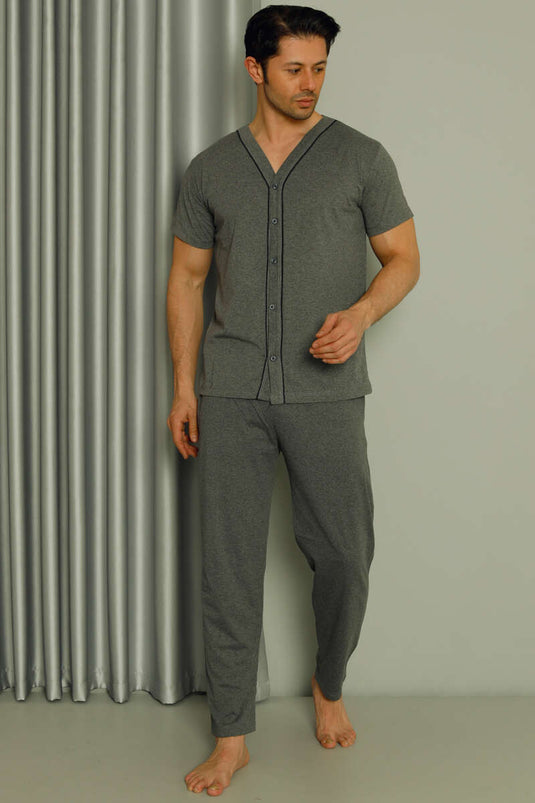 Buttoned Short Sleeve Men's Pajama Set Charcoal