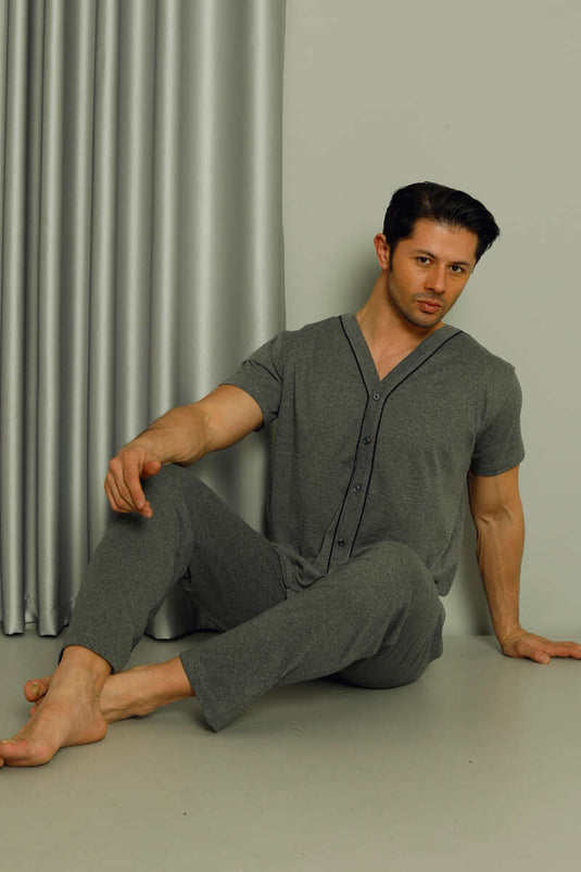 Buttoned Short Sleeve Men's Pajama Set Charcoal