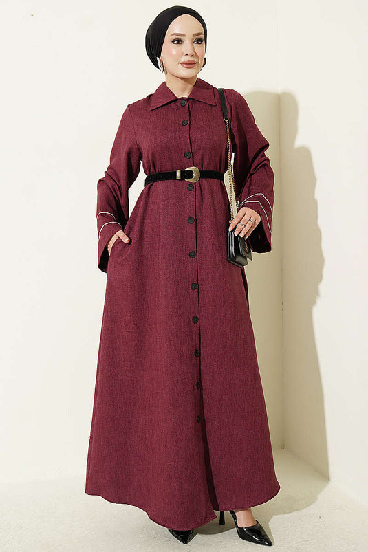 Abaya Bordo À Boutons Avec Manches Ornée