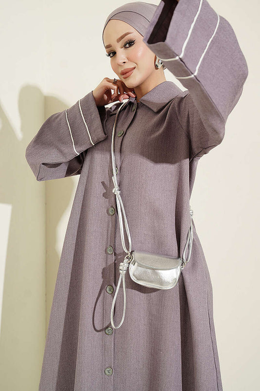 Abaya Lilac Con Bottoni E Maniche Decorate