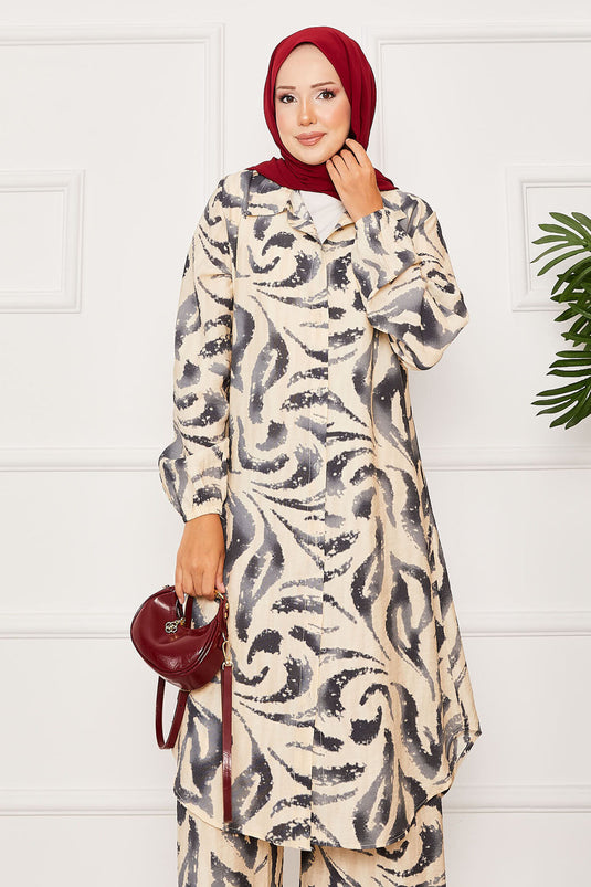 Boydan Düğmeli Kolu Lastik Detaylı İkili Takım Füme