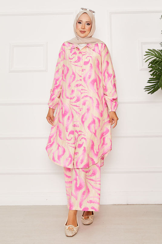 Boydan Düğmeli Kolu Lastik Detaylı İkili Takım Fuşya