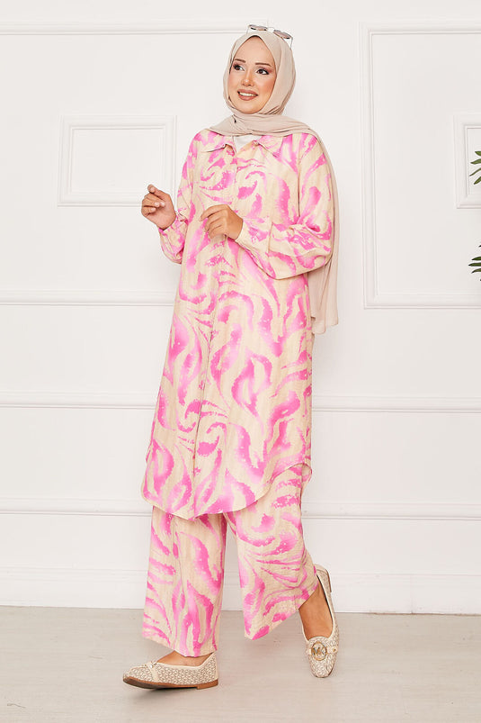 Boydan Düğmeli Kolu Lastik Detaylı İkili Takım Fuşya