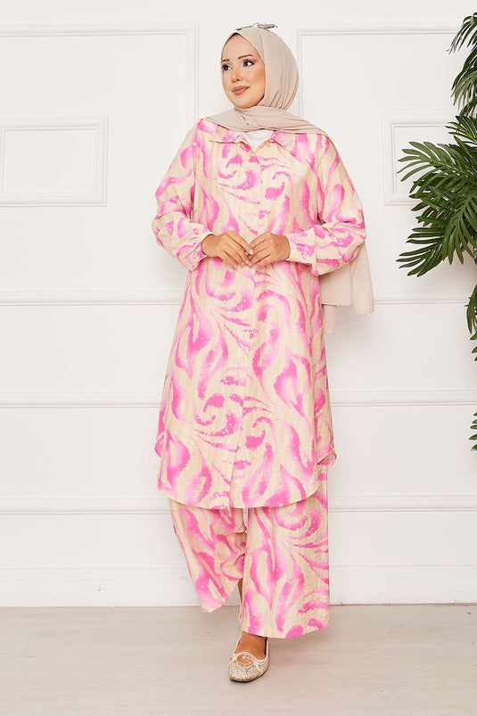 Boydan Düğmeli Kolu Lastik Detaylı İkili Takım Fuşya