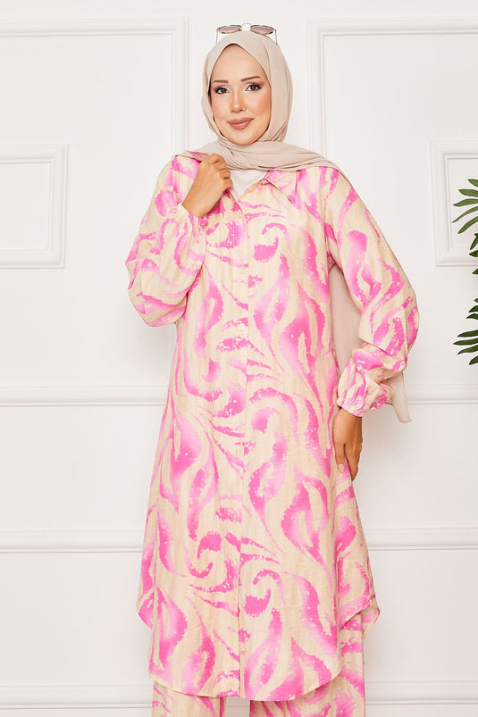 Boydan Düğmeli Kolu Lastik Detaylı İkili Takım Fuşya