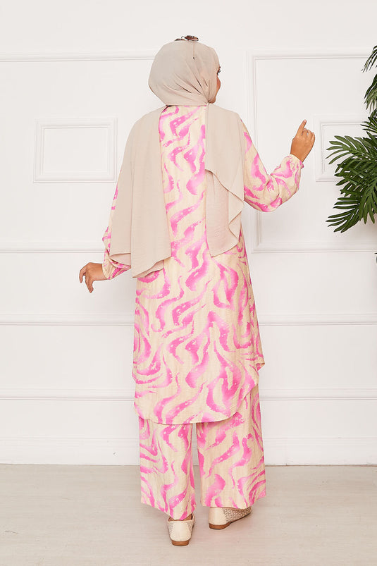 Boydan Düğmeli Kolu Lastik Detaylı İkili Takım Fuşya