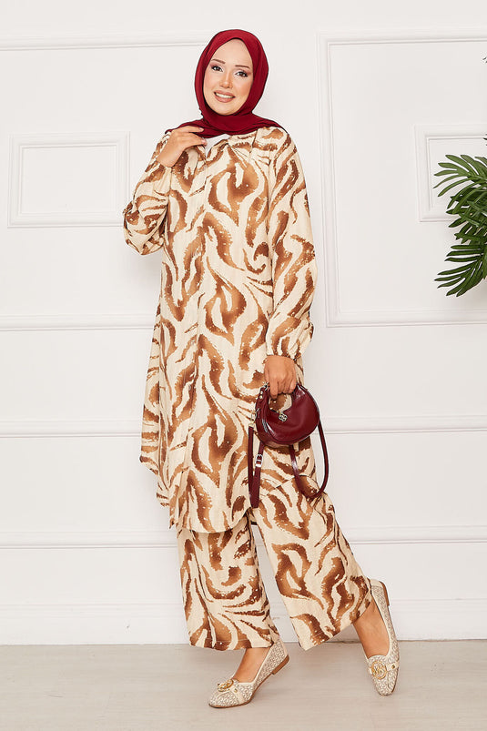 Boydan Düğmeli Kolu Lastik Detaylı İkili Takım Kahve