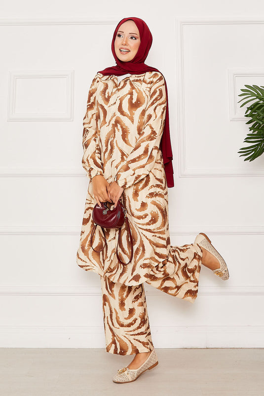 Boydan Düğmeli Kolu Lastik Detaylı İkili Takım Kahve