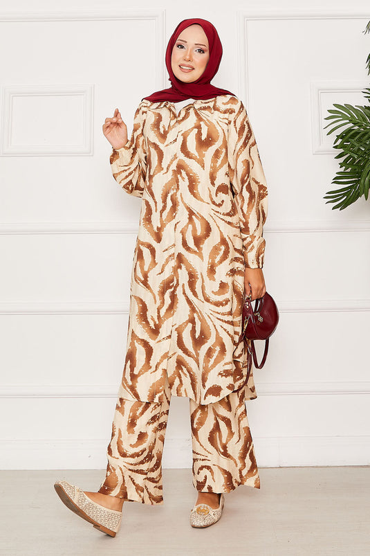 Boydan Düğmeli Kolu Lastik Detaylı İkili Takım Kahve