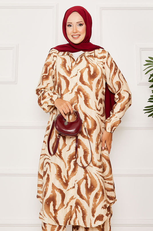 Boydan Düğmeli Kolu Lastik Detaylı İkili Takım Kahve