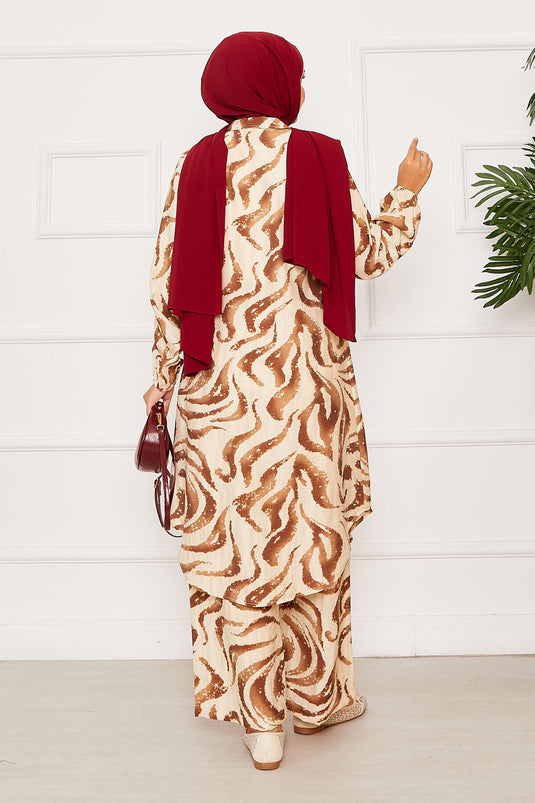 Boydan Düğmeli Kolu Lastik Detaylı İkili Takım Kahve