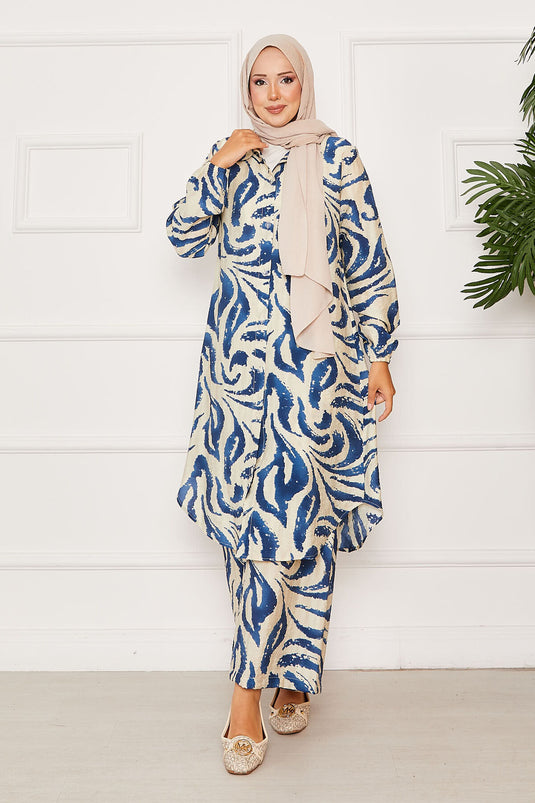 Boydan Düğmeli Kolu Lastik Detaylı İkili Takım Lacivert