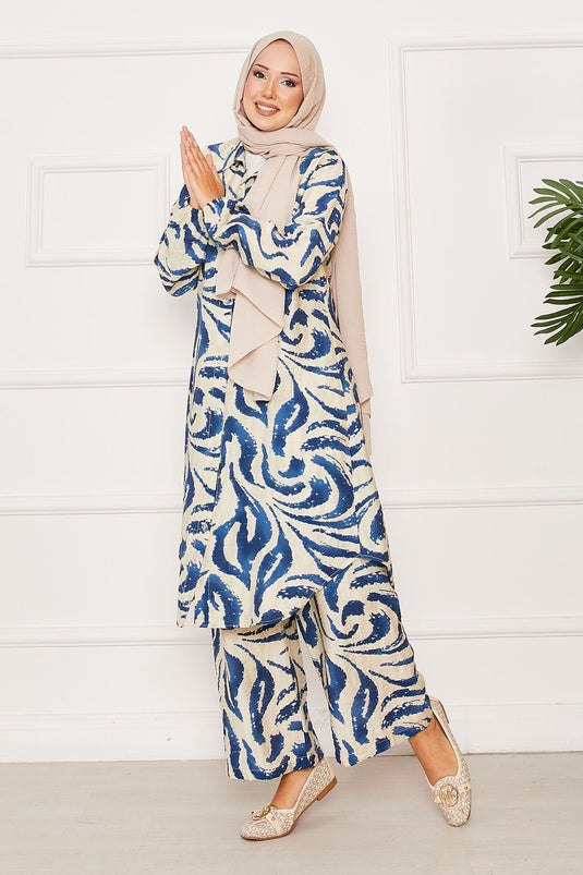 Boydan Düğmeli Kolu Lastik Detaylı İkili Takım Lacivert