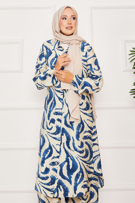 Boydan Düğmeli Kolu Lastik Detaylı İkili Takım Lacivert