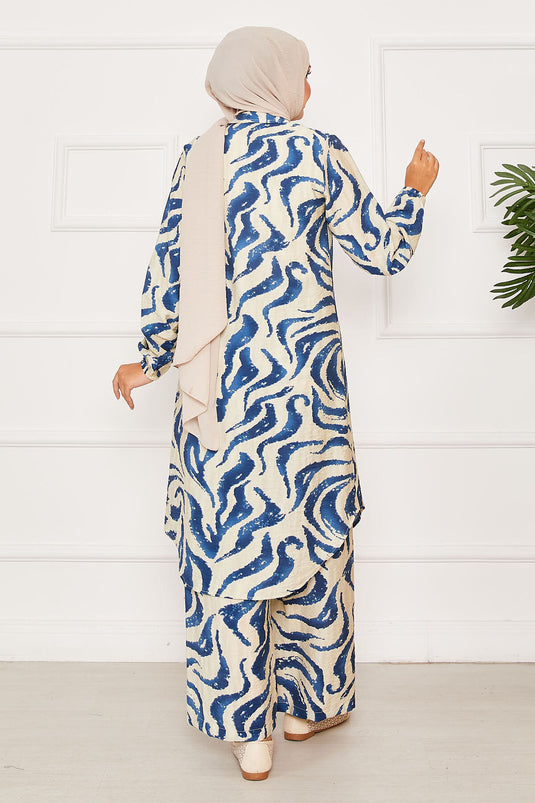 Boydan Düğmeli Kolu Lastik Detaylı İkili Takım Lacivert