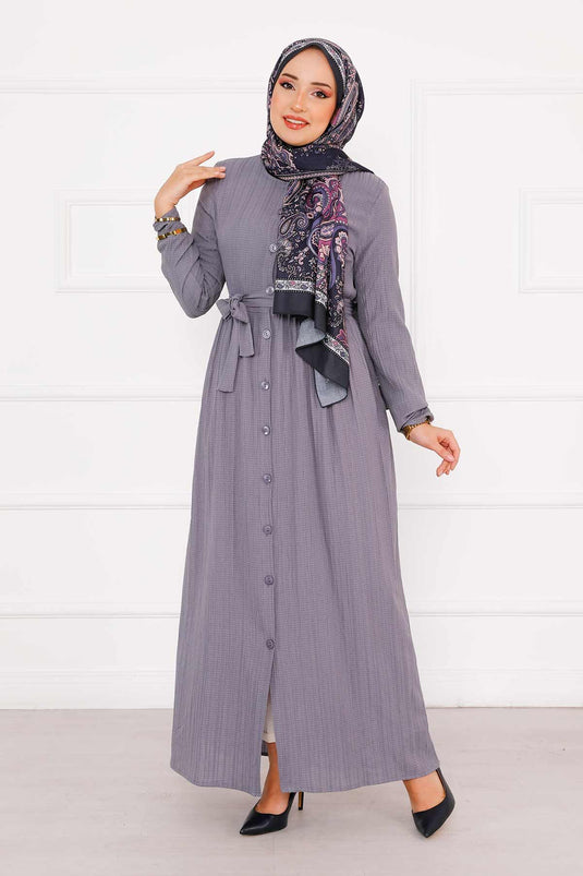 فستان بأزرار وأكمام مرنة باللون الرمادي