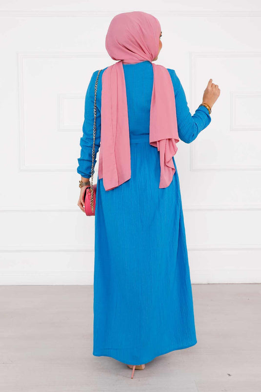 Boydan Düğmeli Kolu Lastikli Elbise İndigo