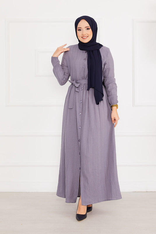 فستان بأكمام مرنة وفتحة رقبة بأزرار - مينك غامق