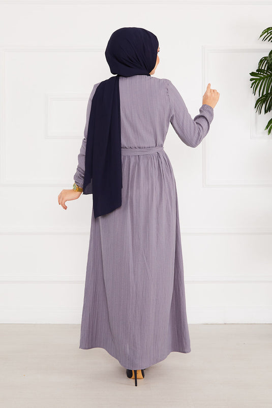 فستان بأكمام مرنة وفتحة رقبة بأزرار - مينك غامق