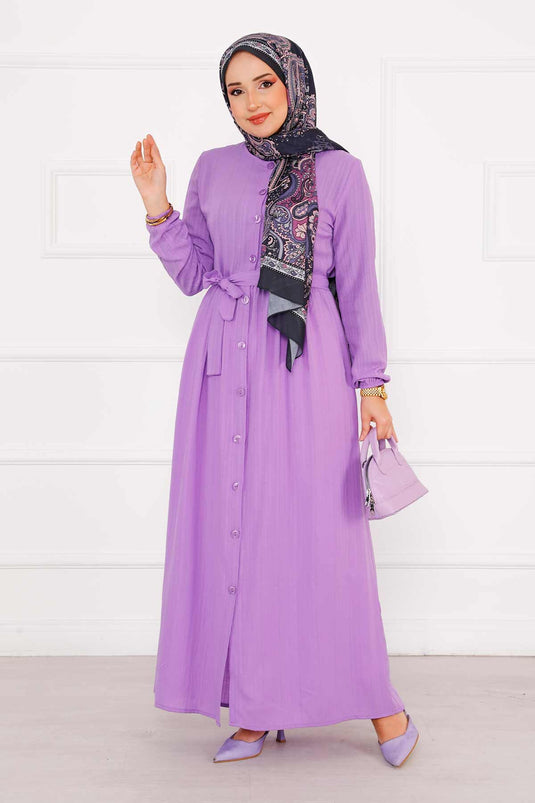 فستان بأزرار وأكمام مرنة - أرجواني