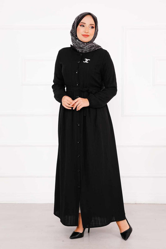 Robe boutonnée à manches élastiques noire